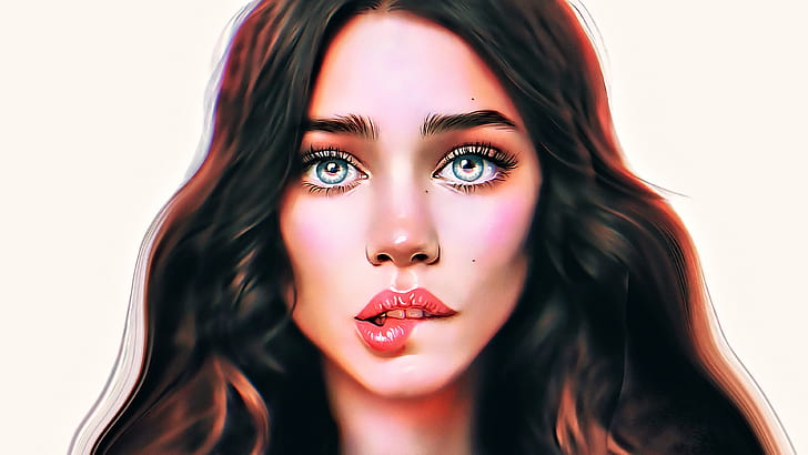 women, portrait, people, face, science fiction, digital art, concept art, artwork, fantasy art, fan art, CGI, fantasy girl, painting, closeup, hair in face, realistic, Photoshop, blue eyes, frontal view, long hair, white background, red lipstick, HD wallpaper