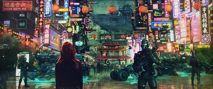 video game screenshot, soldiers in city illustration, science fiction, cyberpunk, cityscape, soldier, Asian architecture, neon lights, ultrawide, HD wallpaper