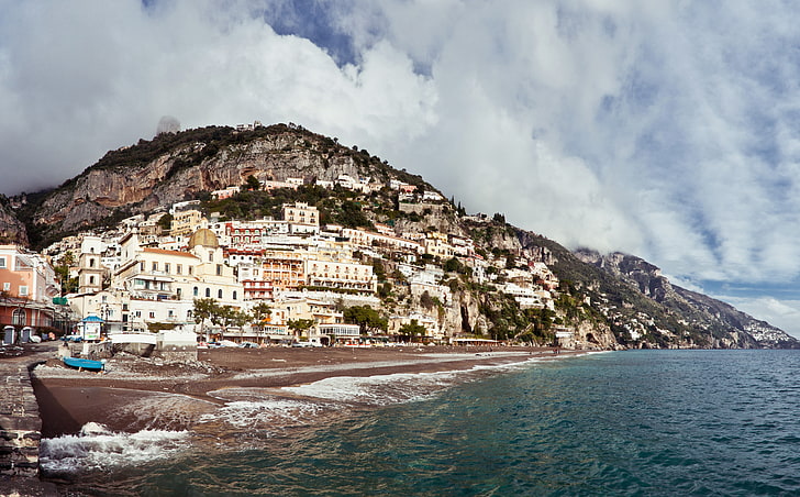 Positano Coast Panorama, casas de vila, Europa, Itália, Água, Meridional, Nuvens, Casas, Costa, panorama, Amalfi, Positano, HD papel de parede