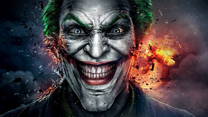 La pintura de Joker, anime, Joker, Batman: Arkham City, explosión, cicatrices, Batman, Fondo de pantalla HD