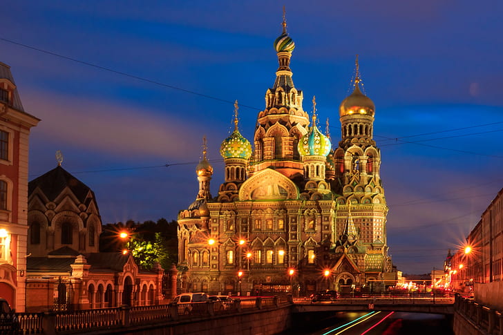 Санкт Петербург, храм, Русия, нощен град, църква на Спасителя на кръв, HD тапет