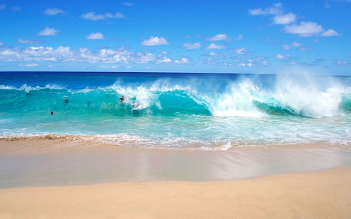 arena, azul, cielo, mar, naturaleza, olas, playa, Fondo de pantalla HD HD wallpaper