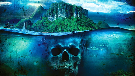 mare fantasia arte nave teschio isola squalo barca lontano piangere 3 vista divisa, Sfondo HD HD wallpaper