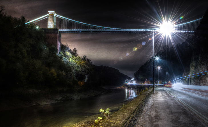 bridge, light, night, lens flare, Others, HD wallpaper