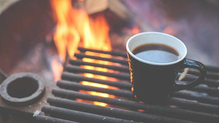чаши, кафе, лагерен огън, на открито, къмпинг, HD тапет