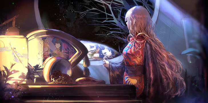 painting of woman looking outside of window, Touhou, Junko (Touhou), space, Earth, HD wallpaper