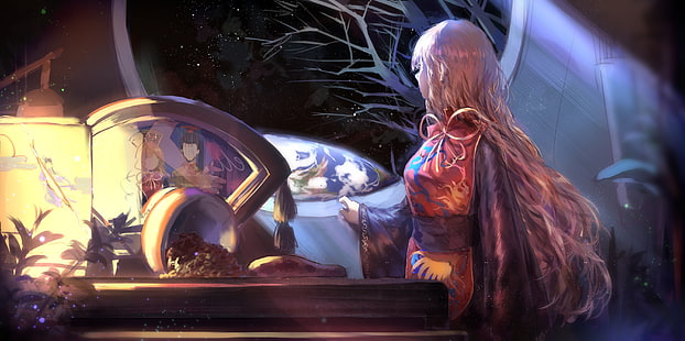 картина женщины смотрящей за окном, Touhou, Junko (Touhou), космос, Земля, HD обои HD wallpaper