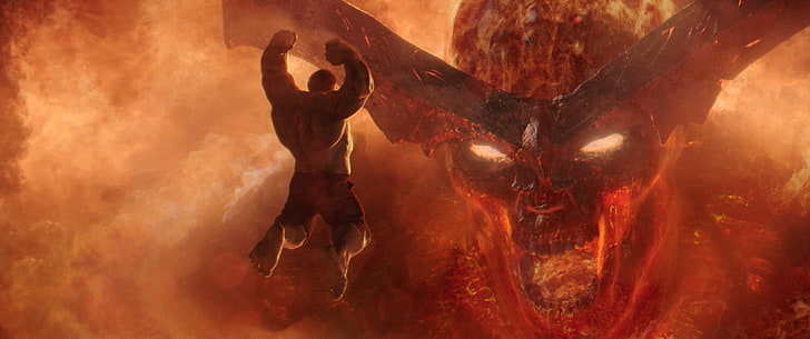 Thor: Ragnarok, Hulk, melompat, Surtur, api, iblis, menjerit, Thor, Marvel Cinematic Universe, Wallpaper HD
