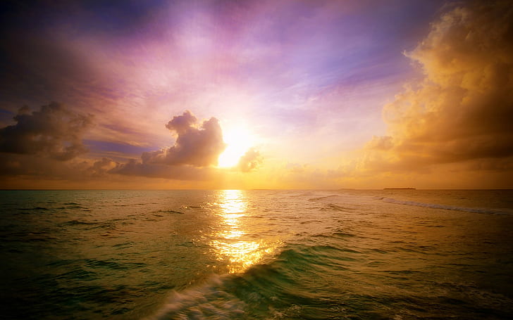 Sonnenuntergang, Wellen, Meer, Wolken, HD-Hintergrundbild