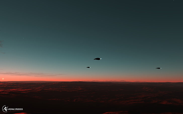 оранжевый закат, космос, космический корабль, планета, кольца, HD обои