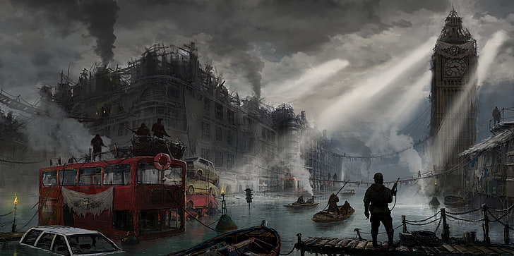 иллюстрация игровой сцены, апокалипсис, лондон, произведения искусства, антиутопия, HD обои