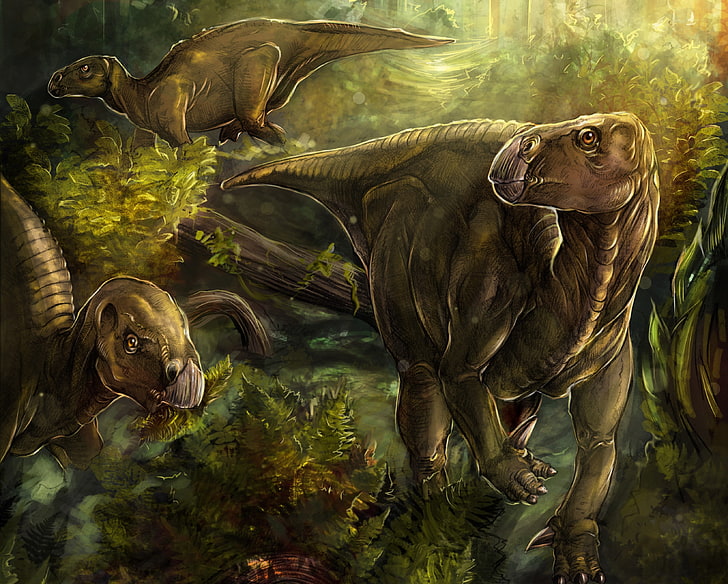 green dinosaur illustration, forest, art, dinosaurs, iguanodon, HD wallpaper