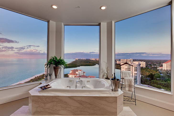 white and beige bathtub, design, style, room, interior, bathroom, penthouse, city apartment, HD wallpaper