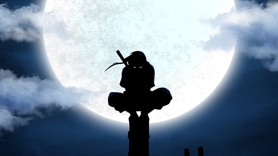 توضيح Uchiha Itachi ، Uchiha Itachi ، Naruto Shippuuden ، ANBU ، صورة ظلية ، القمر ، خطوط الكهرباء ، الرسوم المتحركة ، عمود المرافق، خلفية HD HD wallpaper
