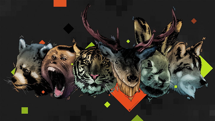 six animal heads illustration, Desktopography, tiger, rabbits, monkey, wolf, raccoons, deer, digital art, HD wallpaper