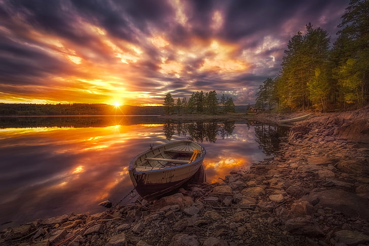 trees, sunset, lake, boat, Norway, RINGERIKE, HD wallpaper
