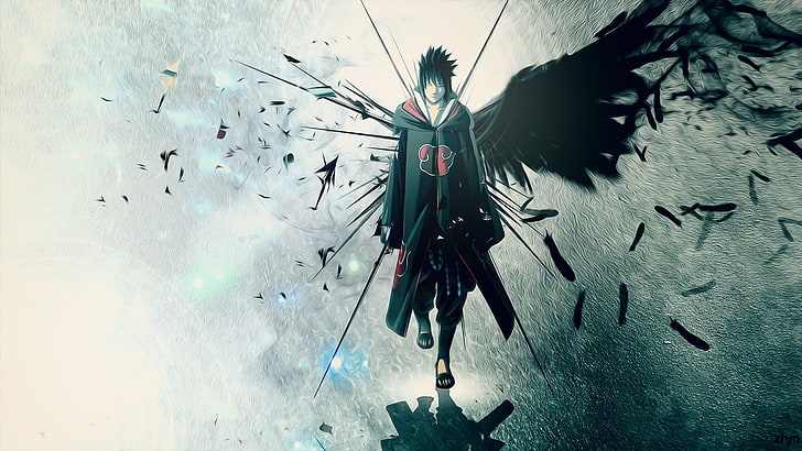 Uchiha Sasuke papel de parede digital, Naruto Shippuuden, Uchiha Sasuke, anime, asas, Akatsuki, garotos anime, HD papel de parede