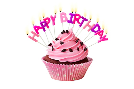 candles, cake, cream, Happy Birthday, pink, cupcake, celebration, decoration, candle, Birthday, HD wallpaper HD wallpaper