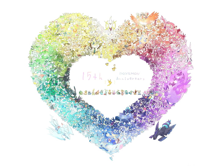 разноцветные сердца иллюстрация, покемон, коллаж, HD обои