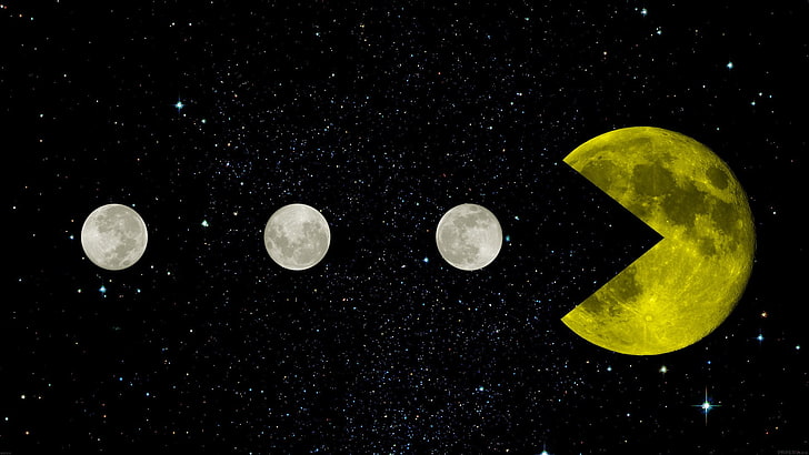 moon illustration, Pac-Man, yellow, space, Moon, stars, black, retro games, HD wallpaper