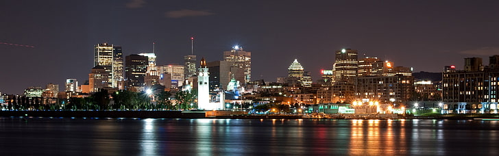3840x1200 px Canada City Lights Montreal Visualizzazione multipla riflesso notturno Art Ombrello HD Arte, notte, città, luci, RIFLESSIONE, Canada, Montreal, display multiplo, 3840x1200 px, Sfondo HD