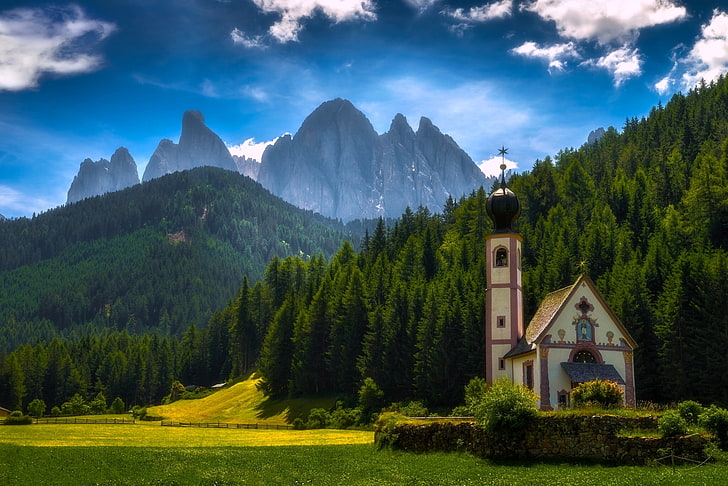 orman, dağlar, çayır, İtalya, Kilise, Dolomites, Sudtirol, Dolomites, Funes, Santa Maddalena, Villnoss, HD masaüstü duvar kağıdı