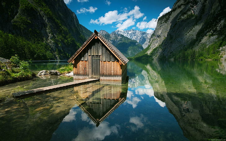 Perso bella cabina sul lago, tettoia in legno marrone, cabina, lago, montagna, paesaggio, Sfondo HD