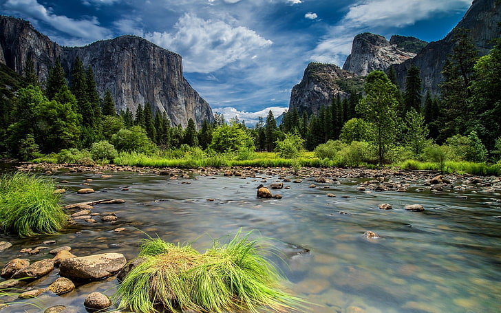 Rio bonito da montanha com águas claras Leito fluvial com rochas e grama verde, pinheiros, montanhas Céu do penhasco com nuvens brancas Parque Nacional de Yosemite Montanhas Sierra Nevada Mountains, HD papel de parede