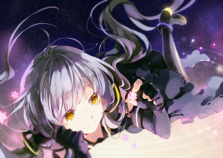 boots, dress, elbow gloves, gray hair, long hair, thigh-highs, twintails, Vocaloid China, yellow eyes, HD wallpaper