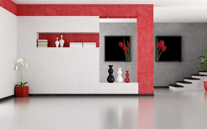 three red, black, and white ceramic vases, design, interior, ladder, vase, HD wallpaper