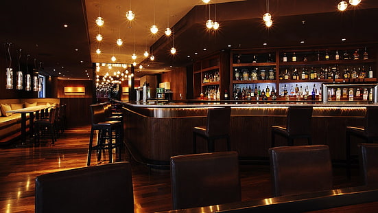 tavolo in legno nero e marrone, interno, bar, Sfondo HD HD wallpaper