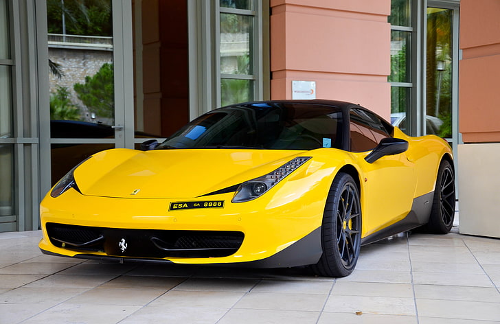 jaune, tuning, fenêtres, porte, miroir, Ferrari, vue de face, façade, Italie, 458 italia, toit noir, Fond d'écran HD