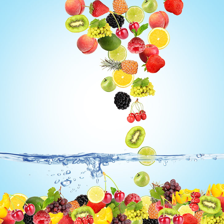 assorted-variety of sliced fruit lot illustration, water, bubbles, cherry, berries, raspberry, background, blue, lemon, apples, coconut, kiwi, strawberry, grapes, top, lime, fruit, peaches, fall, in the water, HD wallpaper