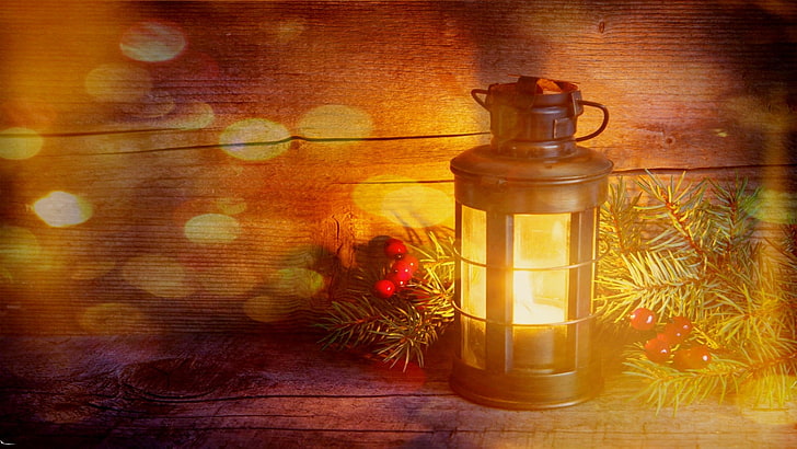 black lantern, lights, fire, Christmas, HD wallpaper