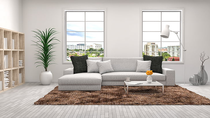 design, sofa, furniture, Windows, interior, pillow, living room, decor, racks, HD wallpaper