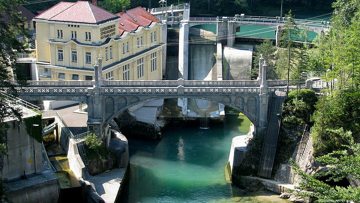 Hydro Plant At A Dam In Austria, plant, river, bridge, nature and landscapes, HD wallpaper