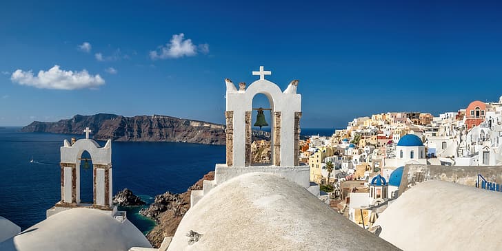 sea, mountains, building, home, Santorini, Greece, Church, Oia, The Aegean sea, Aegean Sea, HD wallpaper