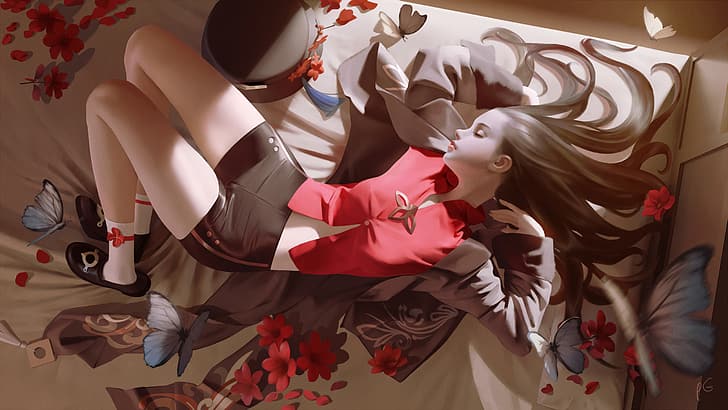 дигитално изкуство, Genshin Impact, Hu Tao (Genshin Impact), затворени очи, дълга коса, брюнетка, цветя, легло, шапка, пеперуда, обувки, панталони, листенца, червени листенца, бели чорапи, HD тапет