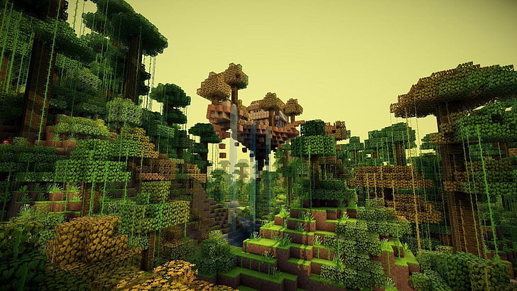 Minecraft game application wallpaper, Minecraft, video games, trees, forest, waterfall, HD wallpaper