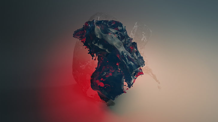 schwarze Erzgrafiktapete, schwarzes Steinfragment, flüssig, rot, HD-Hintergrundbild
