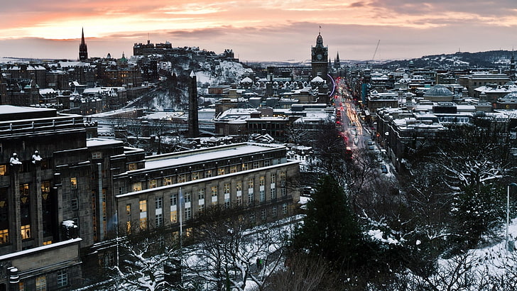 aerial photo of city, edinburgh, scotland, winter, snow, city, HD wallpaper