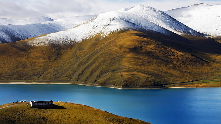 チベット、雪、山、フィールド、草原、風景、チベット高原、アジア、高原、平和、ヤムドロク湖、 HDデスクトップの壁紙