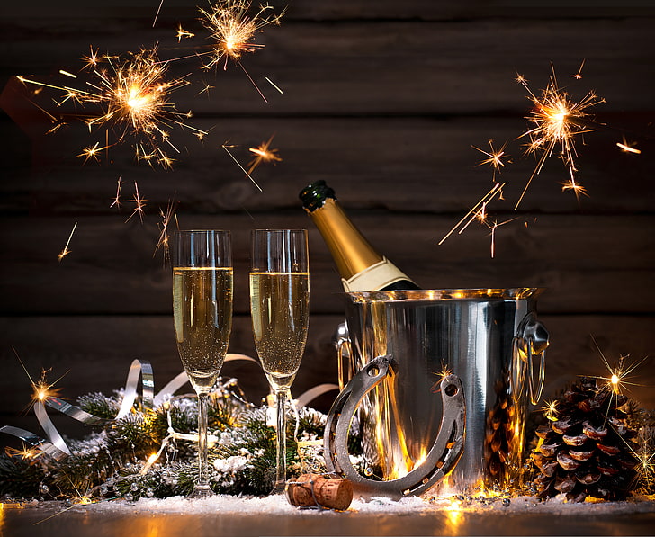 stainless steel ice bucket, bottle, New Year, glasses, golden, champagne, Happy, 2016, HD wallpaper