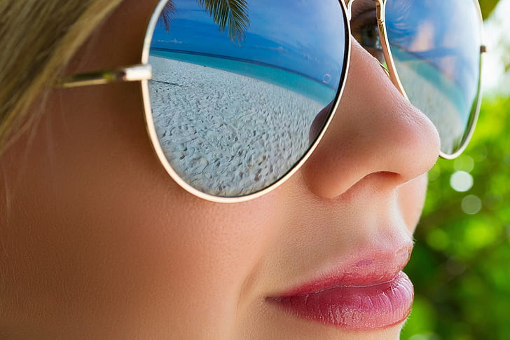 women, blonde, closeup, face, glasses, sunglasses, women with glasses, red lipstick, HD wallpaper