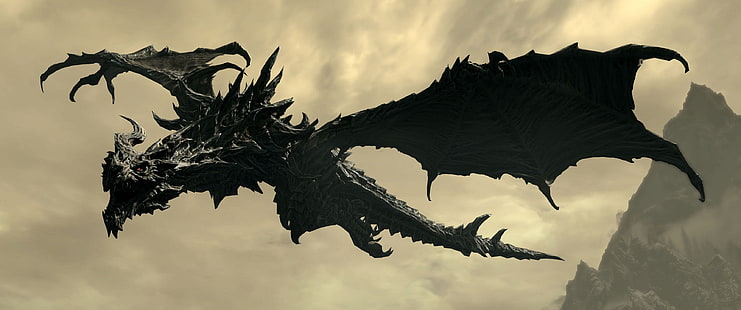 wyvern negro, videojuegos, The Elder Scrolls V: Skyrim, dragon, Alduin, Fondo de pantalla HD HD wallpaper