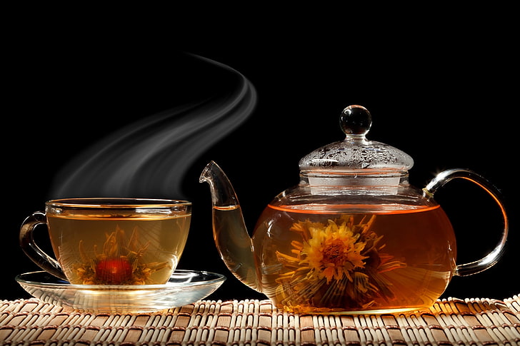 zestaw czajniczek z przezroczystego szkła, herbata, filiżanka, imbryk, kwiaty, aromat, Tapety HD