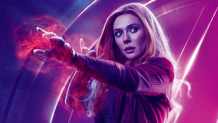 Avengers: Infinity War (2018), poster, movie, wanda maximoff, blonde, comics, fantasy, infinity war, girl, purple, actress, hand, avengers, elisabeth olsen, pink, HD wallpaper