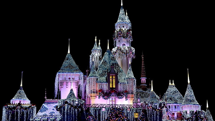 Disney, Disneyland, Castillo, Castillo de Cenicienta, Luz, Púrpura, Invierno, Fondo de pantalla HD