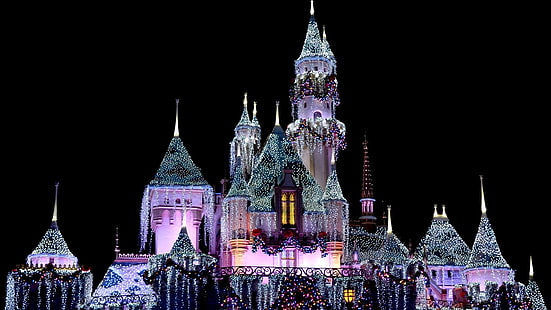 Disney, Disneyland, Castle, Cinderella Castle, Light, Purple, Winter, HD wallpaper HD wallpaper