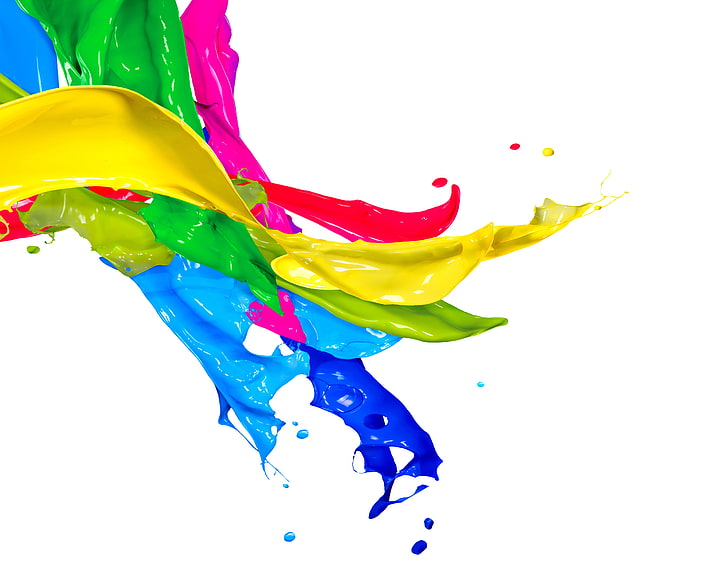 respingos de tinta amarela, verde e azul, gotas, esguicho, pintura, cores, design, respingo, HD papel de parede